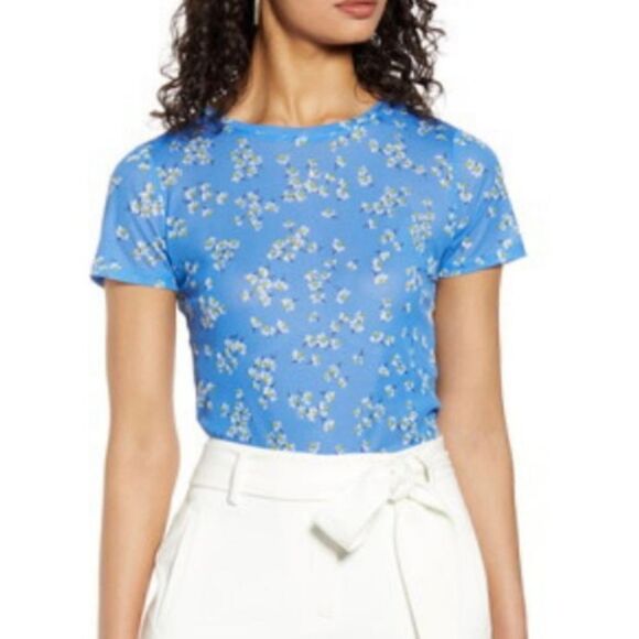 🌼 Halogen 🌼 Crewneck Mesh Blue Floral Top, sz M EUC - Picture 1 of 10